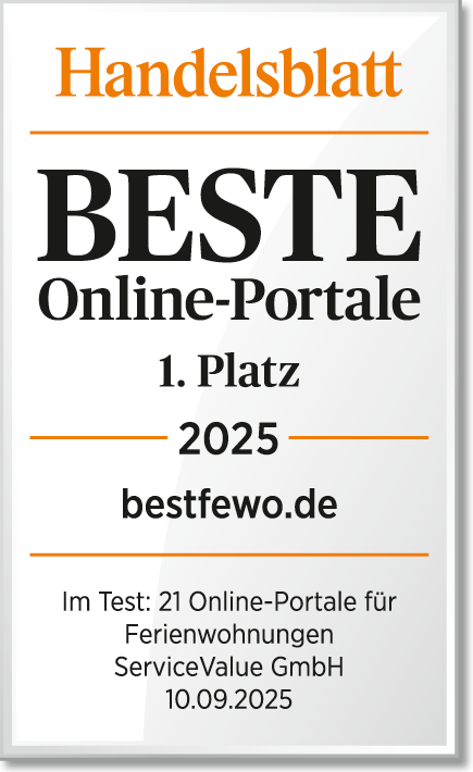 bestfewo belegt im Handelsblatt Ranking 'Beste Online-Portale 2025' in der Kategorie Ferienwohnungen Platz 1